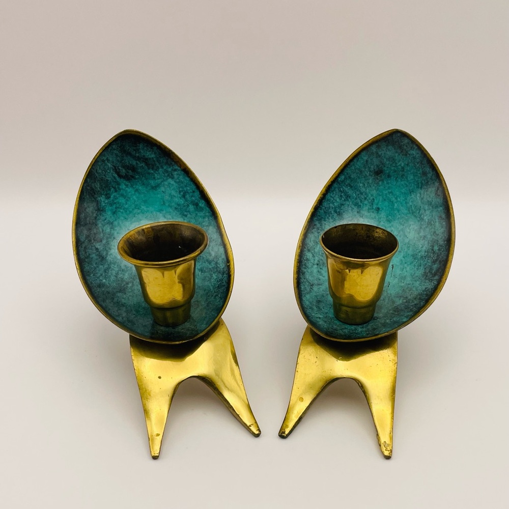 Pair of 2 Vintage Oppenheim Brass Enamel Art Deco Shabbat Candle Holders Israel